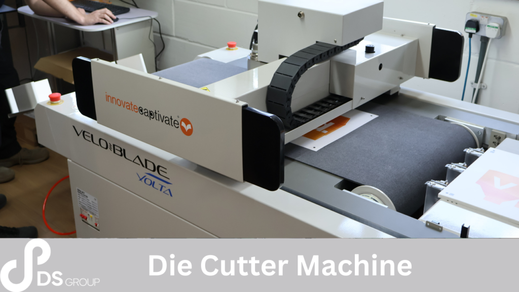 DS Group in-house die cutter machine, the VeloBlade Volta, used for precision cutting in a high-quality printing and production facility.